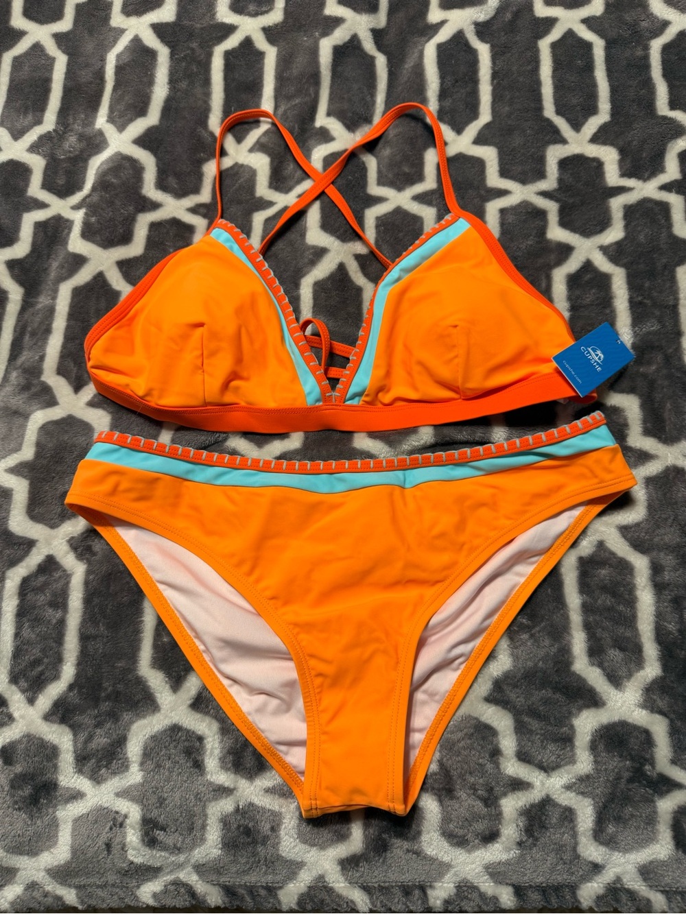 CUPSHE Women's Orange Two-Piece Bikini with Aqua Trim, BRAND NEW